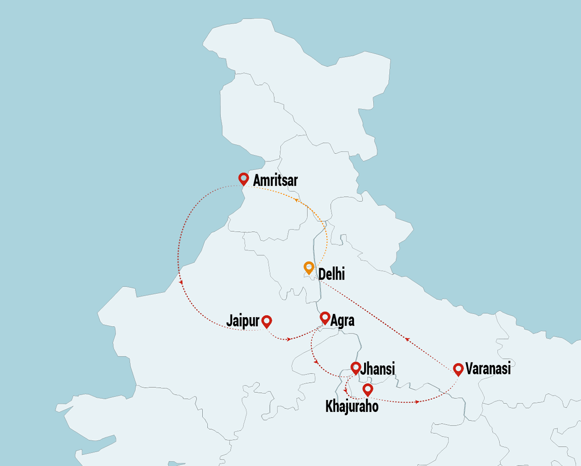 spiritual and cultural wonders of north india tour map